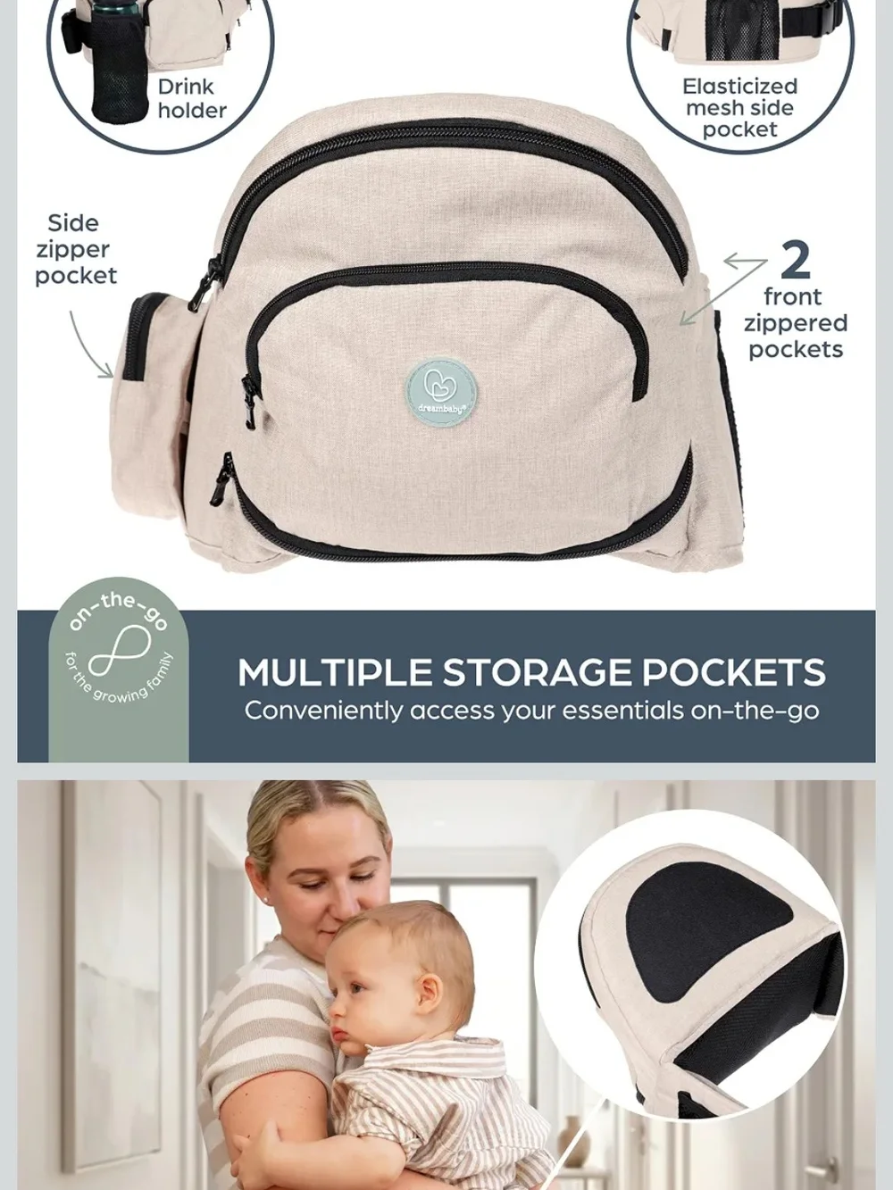 Beige Kids Hip Seat Carrier with Support Cradle - Neutral Baby Carrying Bag